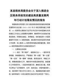 某县税务局委员会关于深入推进全区税务系统党的建设高质量发展两年行动计划落实情况的报告