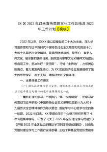 XX区2022年以来宣传思想文化工作总结及2023年工作计划模板
