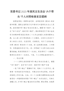 党委书记2023年度民主生活会六个带头个人对照检查发言提纲