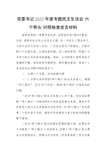 党委书记2023年度专题民主生活会六个带头对照检查发言材料