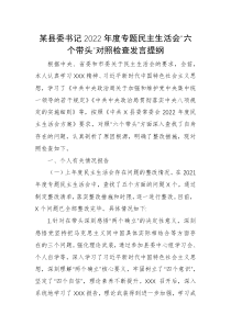 某县委书记2022年度专题民主生活会六个带头对照检查发言提纲